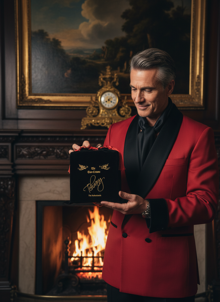 Luxe Lifestyle - Man in Rode Satijn met The Two Crowns Parfum